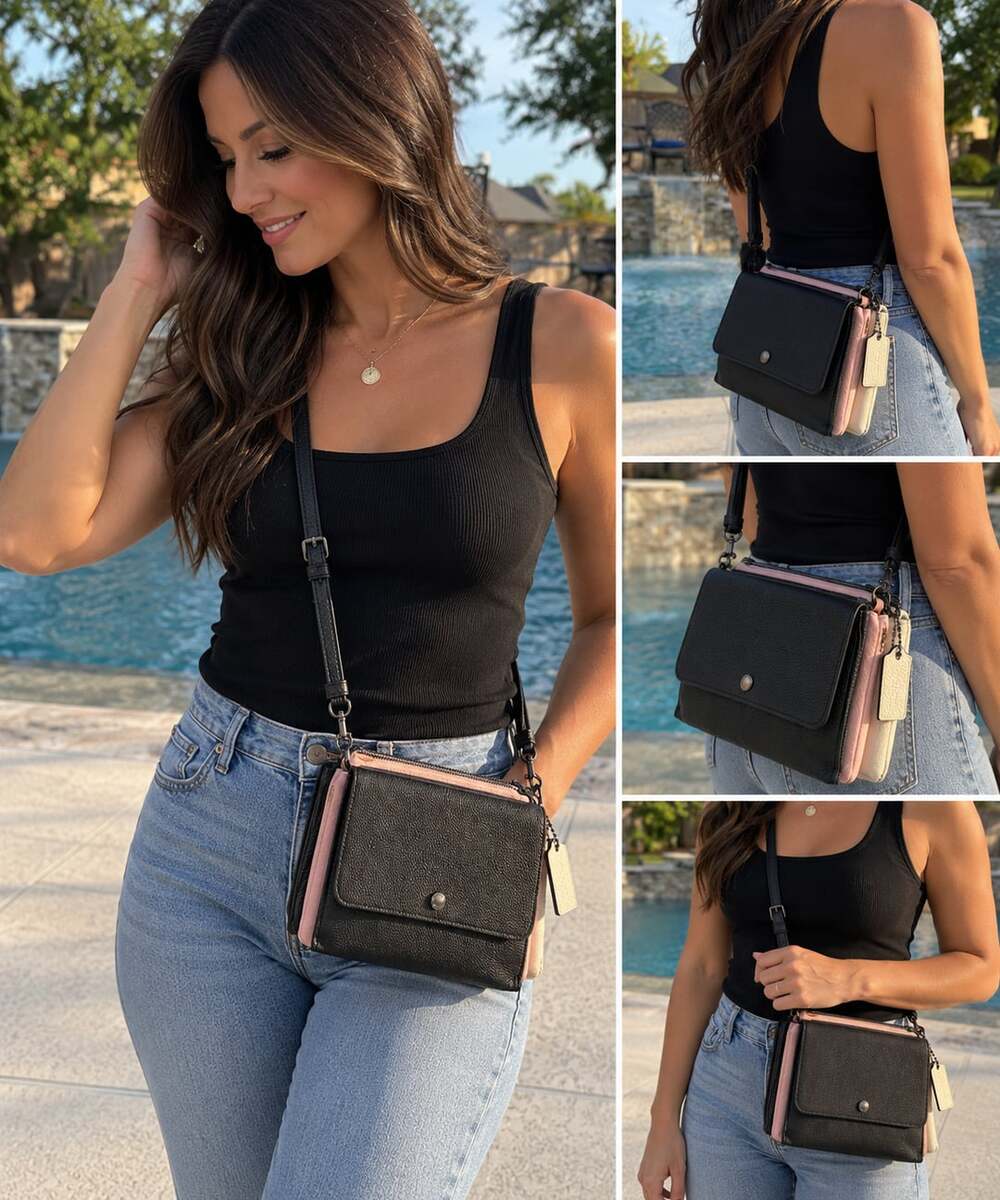 Coach 3 compartment, Black, Cream & Pink Leather Crossbody Bag
